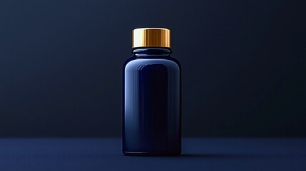 Matte dark blue bottle with golden cap on solid background for cosmetic, pharmaceutical, or supplement branding.