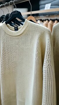 Soft, textured sweaters hang elegantly on display, inviting shoppers to explore cozy wardrobe options for chilly days