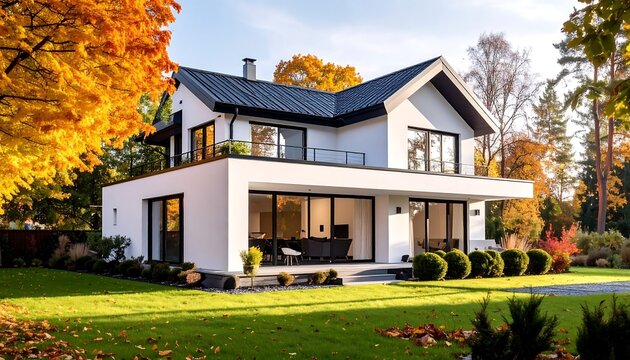 Modern home with autumn foliage