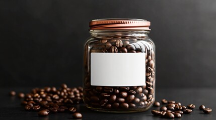 Glass jar filled with roasted coffee beans and blank label for branding mockup and packaging design.