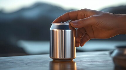 Hand holding stainless steel insulated cup on wooden table for hot beverage concept and thermal drinkware design.
