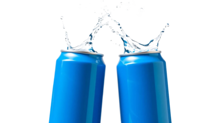 Two blue can toasting with splash isolated on transparent background