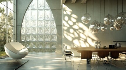 Modern, bright, spacious dining area with large window, sunbeams, and unique furniture.