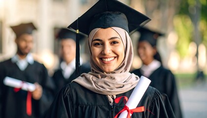 A woman in graduation attire smiles at the camera, surrounded by fellow graduates