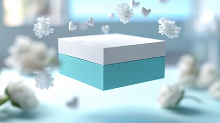 Floating blue and white gift box surrounded by 3D hearts and snowflakes representing winter holiday celebration.