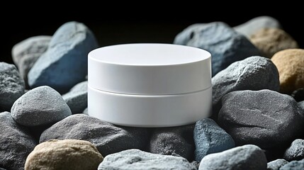 White cosmetic cream jar placed on natural stone background for skincare branding and beauty packaging concept.