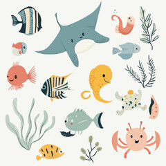 Colorful clipart of ocean creatures with simplified shapes, suitable for educational printables, back to school visuals and playful marine-themed posters for children