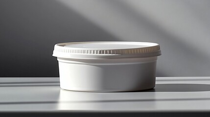 Plastic round container with lid on clean surface suitable for food storage, delivery, or packaging mockup.