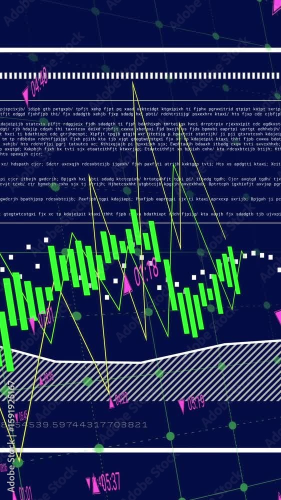 Poster animation of data, graphs with changing numbers and loading bar against blue background