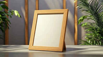 Blank wooden frame on easel with tropical plant shadows ideal for artwork display or branding mockup.