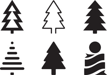 Fototapeta premium Black and White Icon Set of Stylized Evergreen Trees Featuring Solid Silhouettes, Tiered Branches, Outlined Forms, and Abstract Wavy Designs