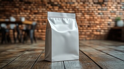 White paper pouch standing on wooden table in coffee shop setting for packaging mockup or product branding.