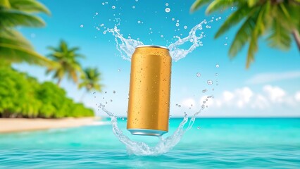 Golden beverage can splashing in turquoise ocean water