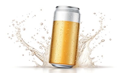 Golden beverage can with splashing liquid silver liquid splash