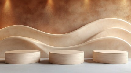 Wooden podium set on warm abstract background with wavy shapes for natural product display or branding.