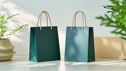 Green and blue shopping bags with shadow on neutral background for retail, sale, and branding concept.