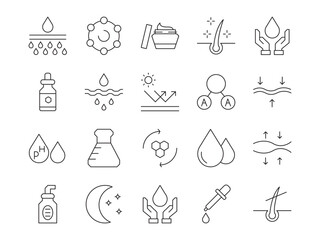 Skin care outline icon set. Containing Skin care, Moisture cream, collagen, treatment, dermatology, and more. Editable stroke. Vector illustration.