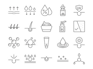 Skin care outline icon set. Containing Skin care, Moisture cream, collagen, treatment, dermatology, and more. Editable stroke. Vector illustration.