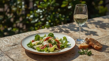 A delicious Caesar salad being served outdoors on a sunny terrace, with natural light highlighting the textures of the lettuce, anchovies, and Parmesan, next to a chilled glass of white wine.