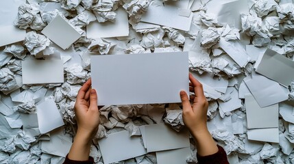 Person holding blank card on torn paper wall background for branding, announcement, or message design.