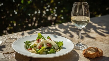 A delicious Caesar salad being served outdoors on a sunny terrace, with natural light highlighting the textures of the lettuce, anchovies, and Parmesan, next to a chilled glass of white wine.