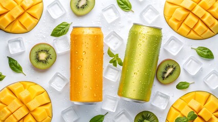 Orange and green cans with mango and kiwi soft drink