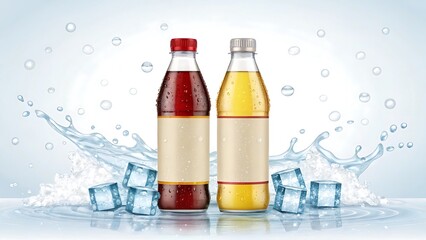 Red and yellow drinks with ice bottles ice cubes