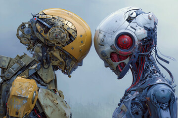Fototapeta premium A captivating visual of two advanced humanoid robots, one golden and one white, facing each other in a moment of profound connection, symbolizing the evolving relationship between artificial intellige