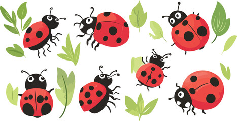 Obraz premium Cute Cartoon Ladybug Seamless Pattern with Green Leaves on White Background