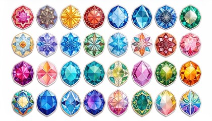 Colorful gem illustrations arranged in grid pattern.  Variety of shapes and colors