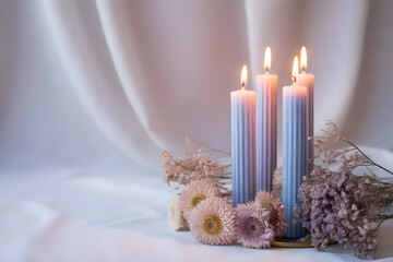 Hanukkah candles,Blue Candles and Lavender Flatlay for Hanukkah