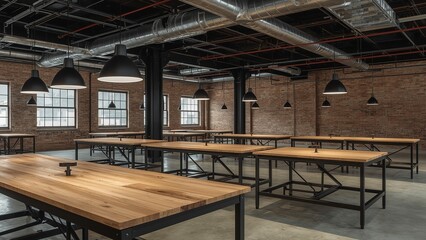 Industrial style team workspace with steel framed workbenches, hanging task lighting, and concrete flooring in renovated warehouse office