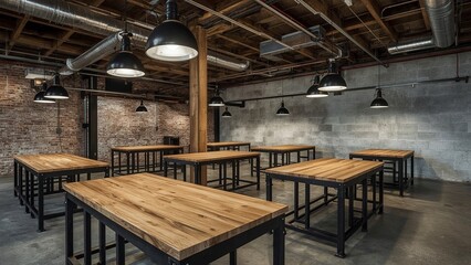 Industrial style team workspace with steel framed workbenches, hanging task lighting, and concrete flooring in renovated warehouse office