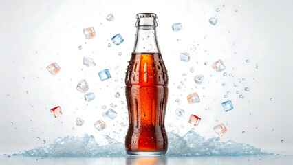 Refreshing brown beverage bottle with ice cubes glass bottle