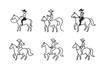 Fototapeta premium simple black line art of cowgirl sitting set bundle on the white background