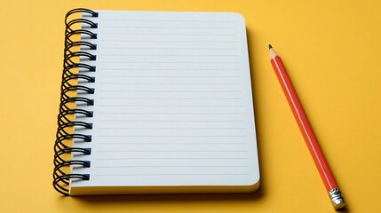 Yellow background with spiral notebook and red pencil ideal for note-taking, education, or creativity concept.