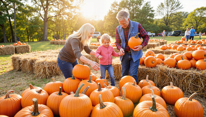 Family picking pumpkins on sunny farm market, celebrating autumn