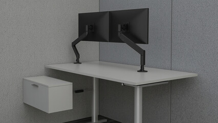 L shaped workstation with floating drawer unit, dual screen arm mount, and footrest rail set against textured acoustic wall panel