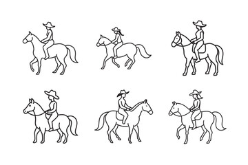 simple black line art of cowgirl sitting set bundle on the white background