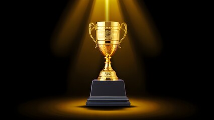 Glowing Gold Trophy on Velvet Podium with Dramatic Spotlight and Subtle Bokeh