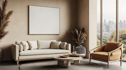 Cozy modern living room with neutral tones, stylish furniture, and large blank canvas for interior mockup.