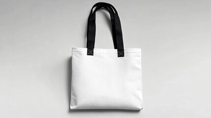 White fabric tote bag with black handles on neutral background for eco shopping or fashion branding.
