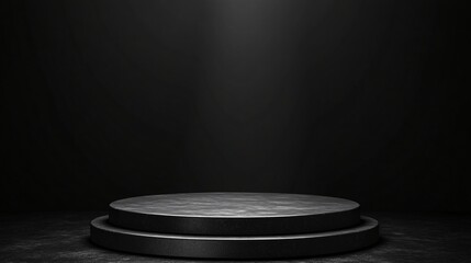 Dark circular platform on black background with dramatic lighting for premium product mockup or branding.