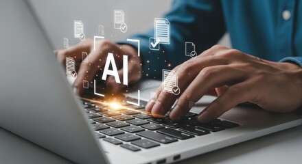 Person typing on laptop with A I and document icons overlay artificial intelligence technology