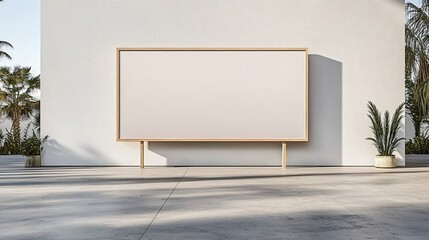 Large blank billboard outside in urban modern setting with plants and shadows for outdoor advertising mockup.