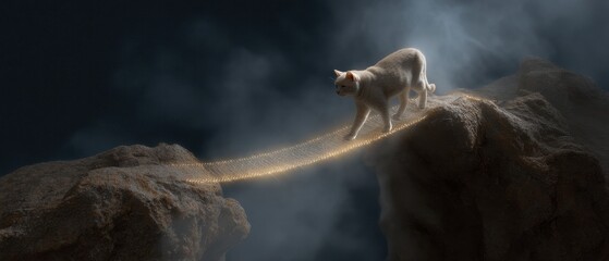 Obraz premium Courageous cat crossing a chasm on a bridge of light under a starlit sky