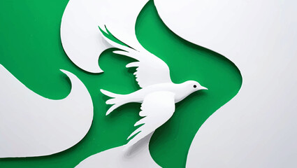 Green Dove Flying Between Abstract Shapes

