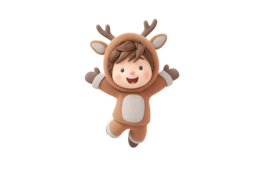 Reindeer costume boy jumping with joy, 3d animation, isolated on a white background, in a simple style, with a transparent PNG