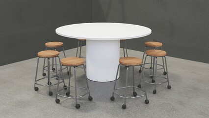 Standing collaborative round table with whiteboard column base and wheeled stools in creative group zone