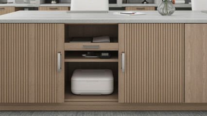 Multi purpose storage credenza with sliding tambour doors and integrated printer shelf in shared administrative workspace